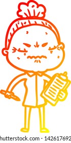 warm gradient line drawing of a cartoon annoyed old lady
