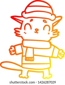 warm gradient line drawing of a cartoon cat in winter clothes