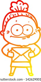 warm gradient line drawing of a cartoon happy old woman