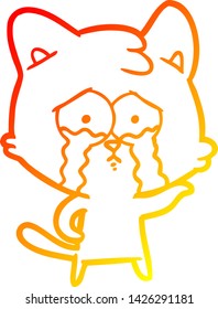 warm gradient line drawing of a cartoon crying cat