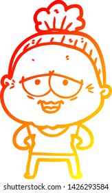 warm gradient line drawing of a cartoon happy old lady