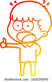 dibujo de línea de gradiente cálido de una caricatura impactado hombre