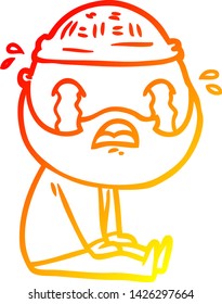 dibujo de línea de gradiente cálido de un hombre barbudo de dibujos animados llorando