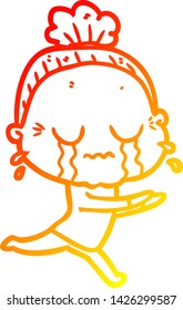warm gradient line drawing of a cartoon crying old lady