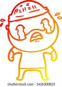 warm gradient line drawing of a cartoon bearded man crying