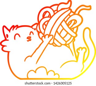 warm gradient line drawing of a cartoon cat playing with ball of string