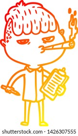 dibujo de línea de degradado cálido de un vendedor de dibujos animados fumando