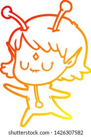 warm gradient line drawing of a cartoon alien girl