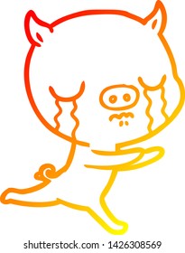 dibujo de línea de degradado cálido de un llanto de cerdo de dibujos animados