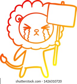 warm gradient line drawing of a cartoon crying lion with placard