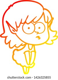 warm gradient line drawing of a cartoon elf girl staring