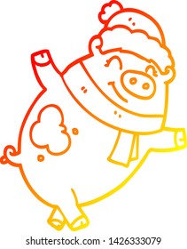dibujo de línea de degradado cálido de un cerdo de dibujos animados con sombrero de navidad