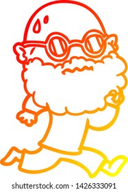 dibujo de línea de gradiente cálido de un caricaturista con barba y gafas de sol sudoración