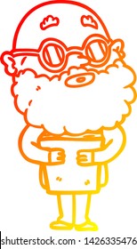 warm gradient line drawing of a cartoon curious man with beard and glasses