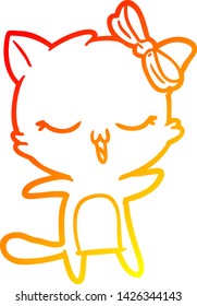 dibujo de línea de degradado cálido de un gato de dibujos animados con arco sobre la cabeza