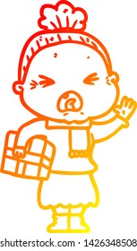 warm gradient line drawing of a cartoon angry old woman