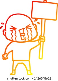 warm gradient line drawing of a cartoon crying bald man