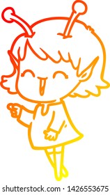 warm gradient line drawing of a cartoon alien girl laughing