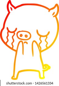 warm gradient line drawing of a cartoon pig crying