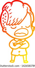 dibujo de línea de gradiente cálido de una caricatura genial hipster que habla