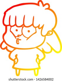 warm gradient line drawing of a cartoon whistling girl