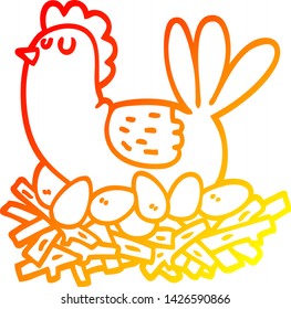warm gradient line drawing of a cartoon chicken on nest of eggs