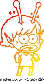 warm gradient line drawing of a cartoon shocked alien girl