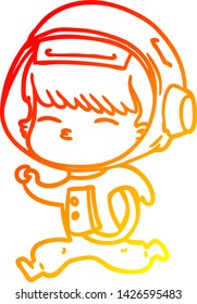 warm gradient line drawing of a cartoon curious running astronaut