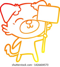 dibujo de línea de degradado cálido de un perro de dibujos animados con signo de protesta