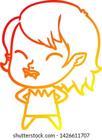 warm gradient line drawing of a cartoon vampire girl with blood on cheek