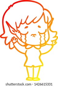 warm gradient line drawing of a cartoon crying elf girl