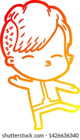 warm gradient line drawing of a cartoon girl wearing futuristic clothes