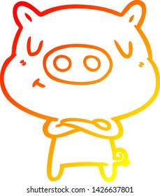 warm gradient line drawing of a cartoon content pig