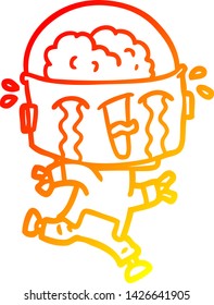 warm gradient line drawing of a cartoon crying robot running