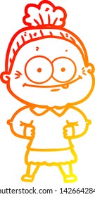 warm gradient line drawing of a cartoon happy old woman