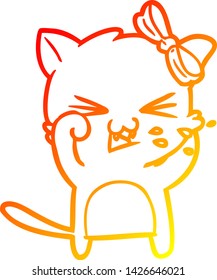 dibujo de línea de degradado cálido de un gato de dibujos animados