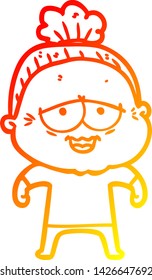warm gradient line drawing of a cartoon happy old lady