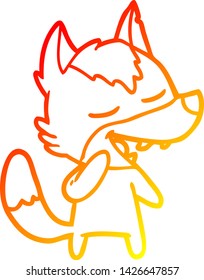dibujo de línea de gradiente cálido de un lobo de dibujos animados riéndose