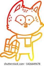 warm gradient line drawing of a cartoon cat holding christmas present