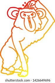 dibujo de línea de gradiente cálido de un chimpancé de dibujos animados arañando la cabeza