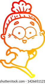 warm gradient line drawing of a cartoon happy old woman