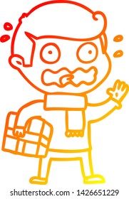dibujo de línea de degradado cálido de un hombre de dibujos animados totalmente resaltado