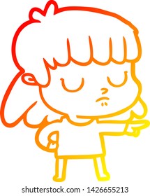 warm gradient line drawing of a cartoon indifferent woman;pointing