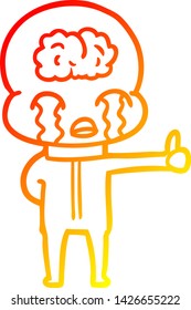 warm gradient line drawing of a cartoon big brain alien crying but giving thumbs up symbol