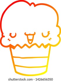 warm gradient line drawing of a cartoon cupcake with face