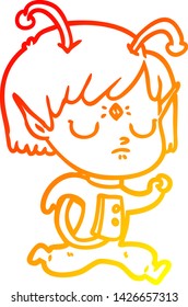 warm gradient line drawing of a cartoon alien girl