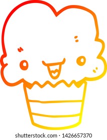 warm gradient line drawing of a cartoon cupcake with face