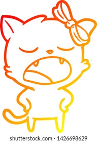 warm gradient line drawing of a cartoon yawning cat