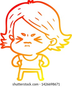 warm gradient line drawing of a cartoon angry girl