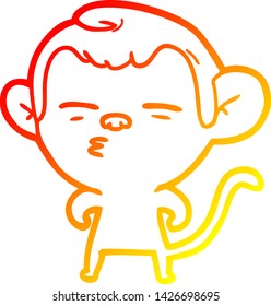 warm gradient line drawing of a cartoon suspicious monkey